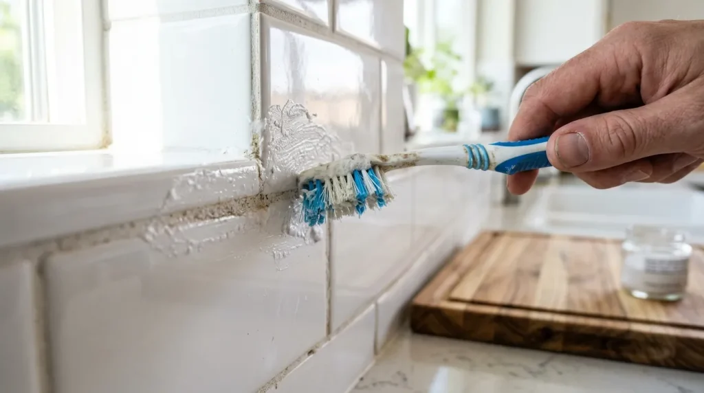 Detailní záběr na čištění spár kuchyňských obkladů pomocí starého zubního kartáčku a husté čistící pasty