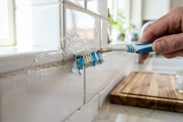 Detailní záběr na čištění spár kuchyňských obkladů pomocí starého zubního kartáčku a husté čistící pasty