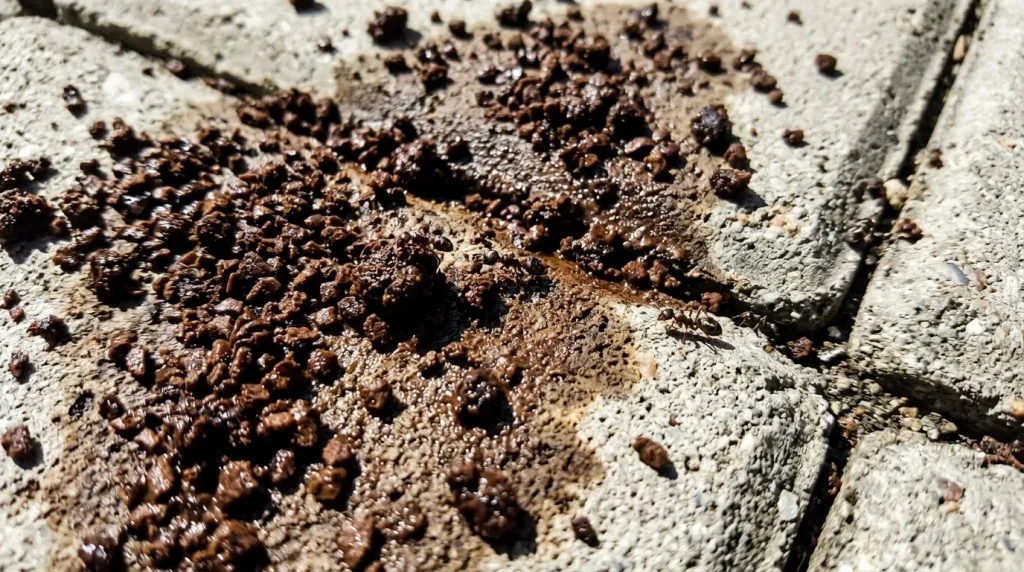 Detailní pohled na mokrou kávovou sedlinu, která tvoří tmavě hnědé skvrny na světlé zámkové dlažbě, s několika prolézajícími mravenci.