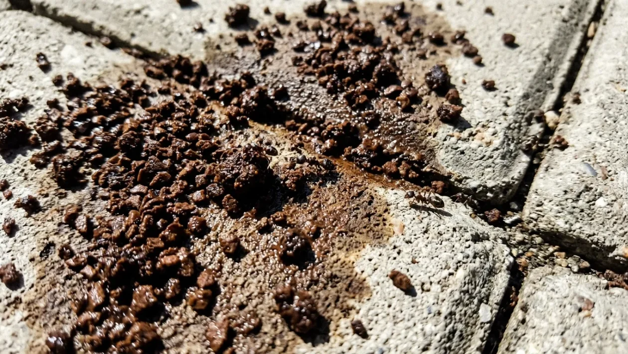 Detailní pohled na mokrou kávovou sedlinu, která tvoří tmavě hnědé skvrny na světlé zámkové dlažbě, s několika prolézajícími mravenci.
