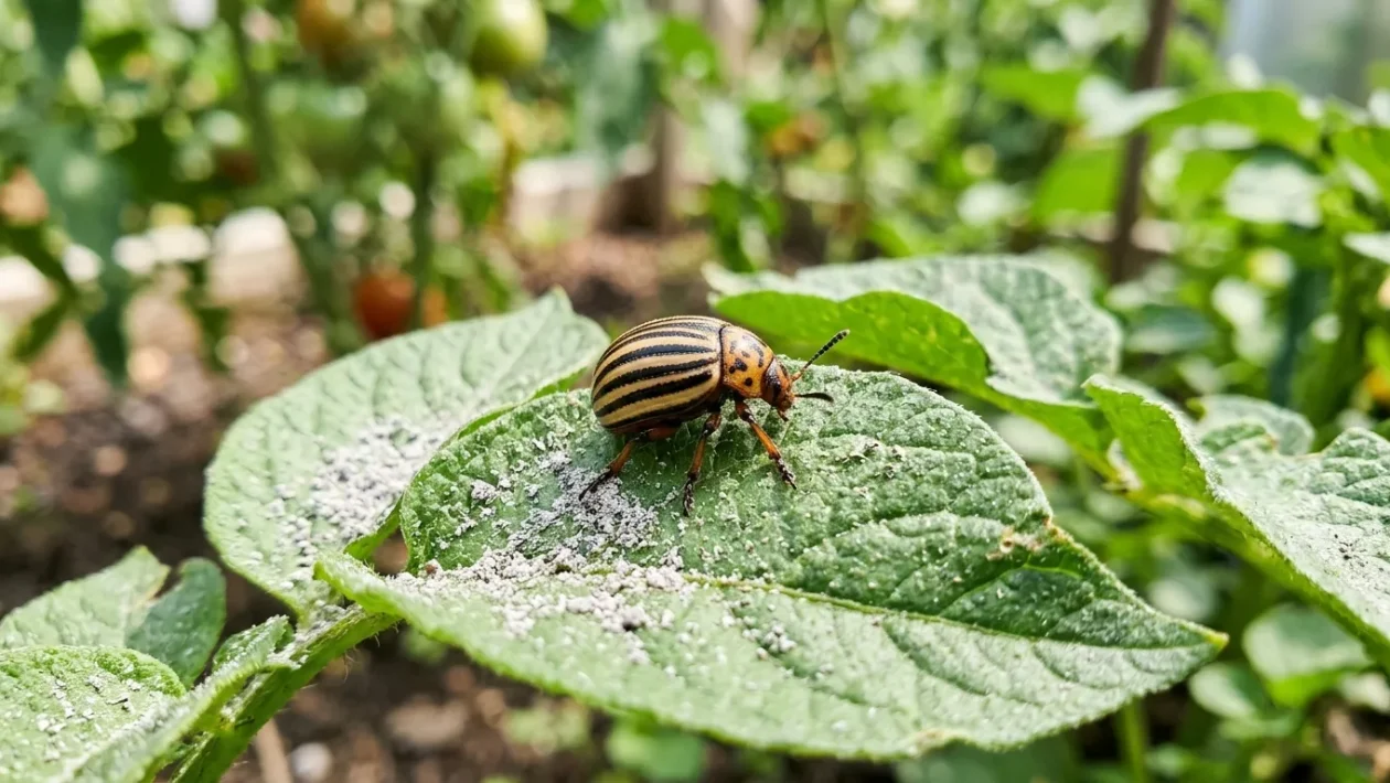 Detailní pohled na mandelinku bramborovou na zeleném listu bramboru, který je jemně poprášený dřevěným popelem.