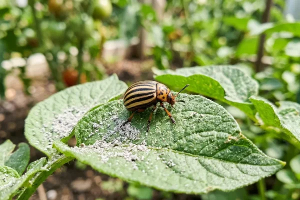 Detailní pohled na mandelinku bramborovou na zeleném listu bramboru, který je jemně poprášený dřevěným popelem.