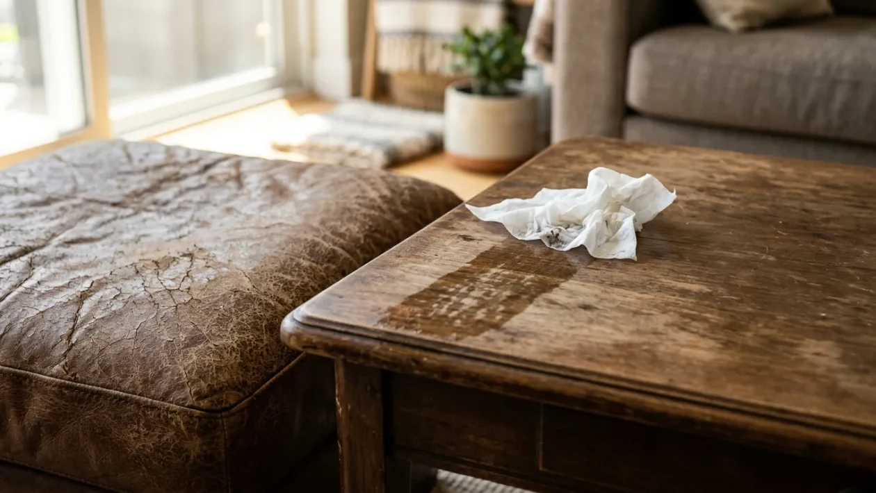 Detailní pohled na poškozený dřevěný a kožený povrch po použití chemického dezinfekčního ubrousku.