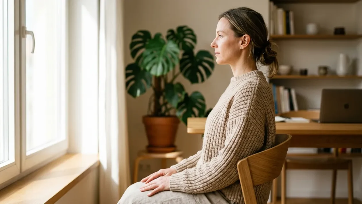 Žena s ukázkovým a vzpřímeným držením těla provádějící uvolňovací techniku ramen v moderní kanceláři.