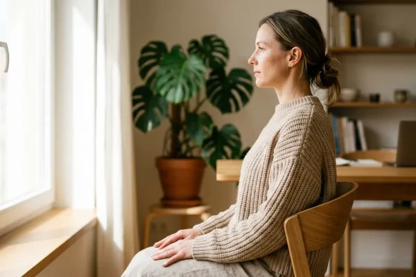 Žena s ukázkovým a vzpřímeným držením těla provádějící uvolňovací techniku ramen v moderní kanceláři.