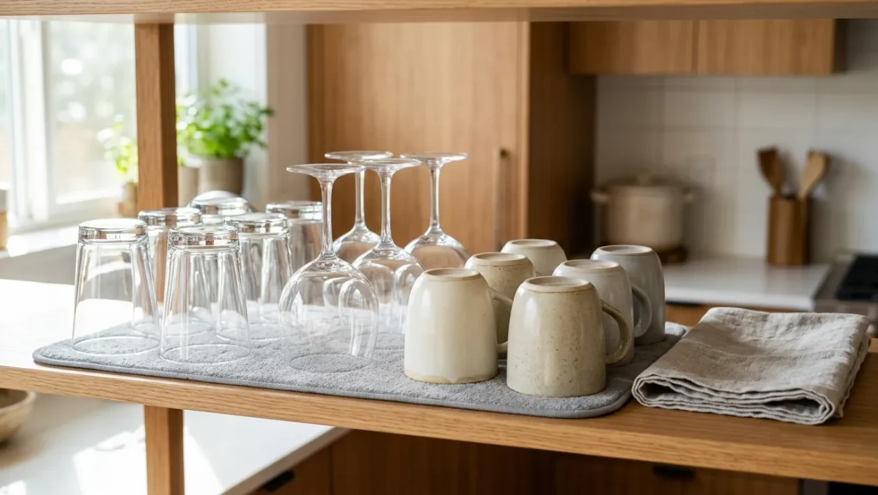 Čisté sklenice a keramické hrnky bezpečně uložené dnem vzhůru na měkké protiskluzové podložce v kuchyňské poličce zalité sluncem.