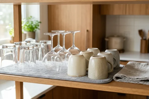 Čisté sklenice a keramické hrnky bezpečně uložené dnem vzhůru na měkké protiskluzové podložce v kuchyňské poličce zalité sluncem.