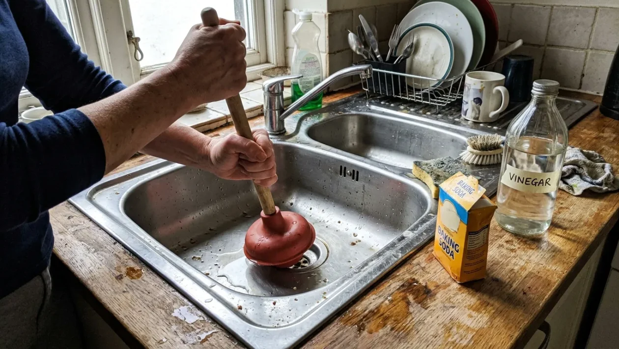 Detail rukou držících gumový zvon nad ucpaným kuchyňským dřezem s jedlou sodou a octem položenými na lince.