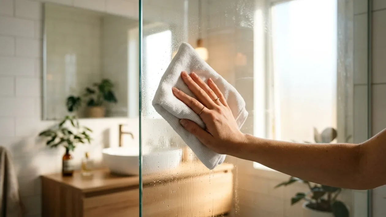 Detailní pohled na ruku leštící povrch skla pomocí hadříku z mikrovlákna v prosvětlené koupelně.