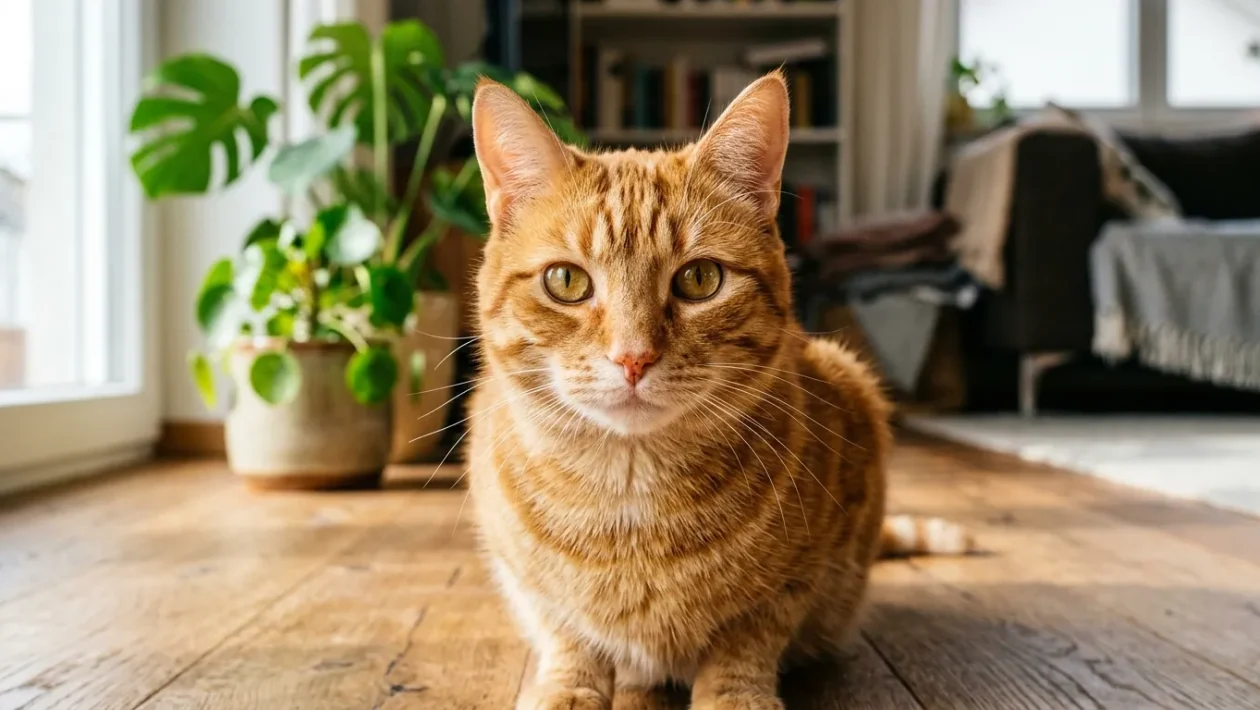 Detailní pohled na zrzavou kočku s výraznou kresbou ve tvaru písmene M na čele sedící v moderním obývacím pokoji.