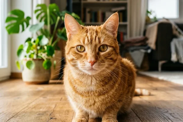 Detailní pohled na zrzavou kočku s výraznou kresbou ve tvaru písmene M na čele sedící v moderním obývacím pokoji.