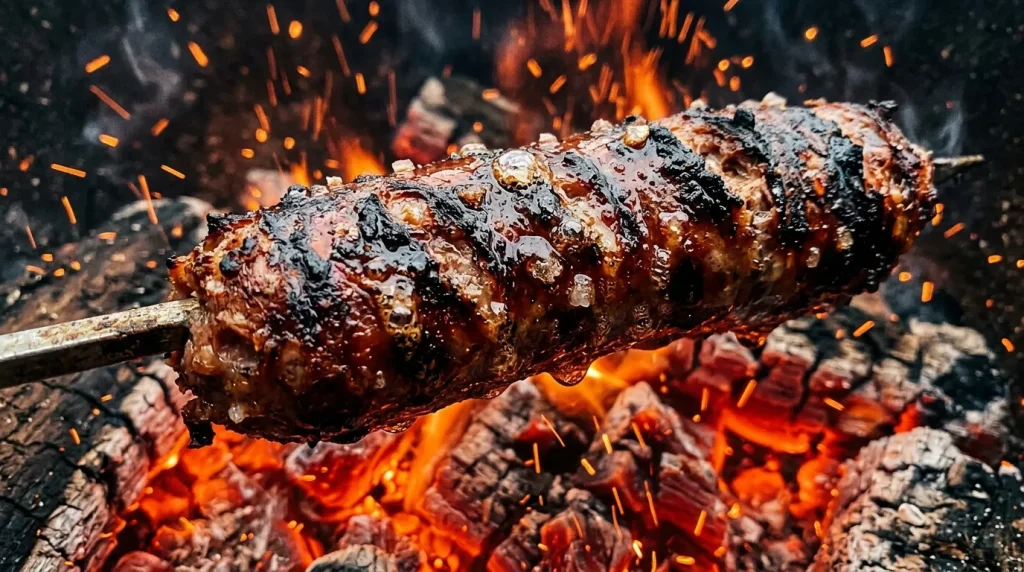 Detailní surový záběr na opékání špekáčku nad žhavými uhlíky se sršícími jiskrami během pražských čarodějnic