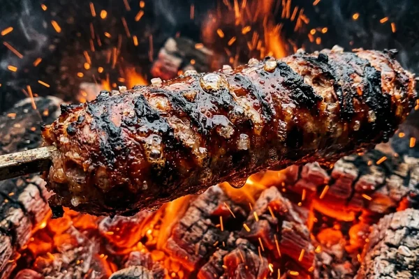 Detailní surový záběr na opékání špekáčku nad žhavými uhlíky se sršícími jiskrami během pražských čarodějnic