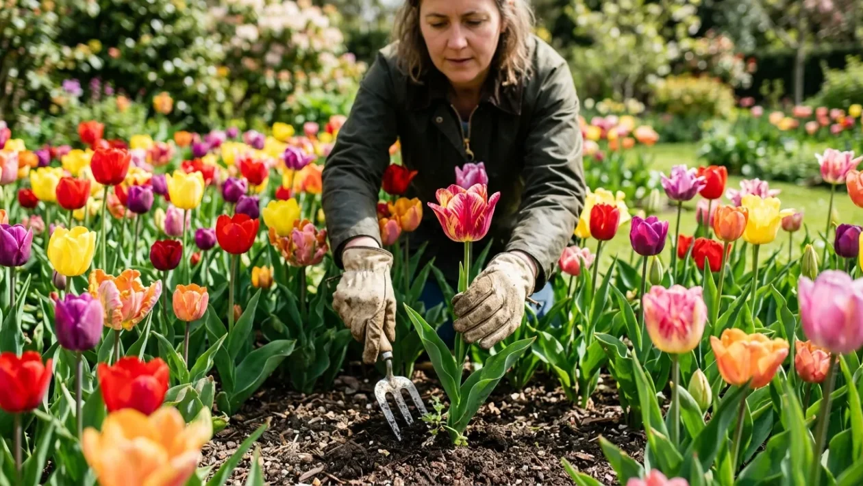 Detailní pohled na ruce zahradníka v rukavicích, který pečlivě zkoumá unikátní dvoubarevný tulipán na prosluněném záhonu