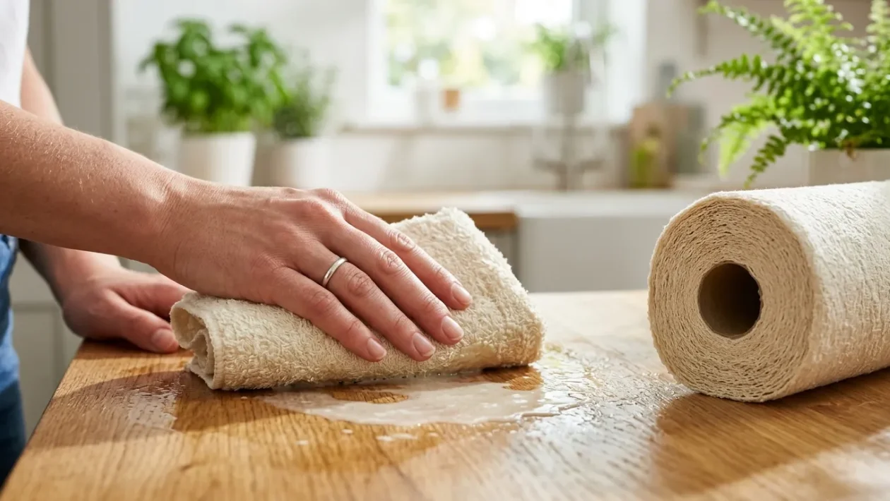 Detailní záběr rukou, které utírají rozlitou tekutinu na kuchyňské lince pomocí silné znovupoužitelné bambusové utěrky, v pozadí je role těchto ekologických utěrek.