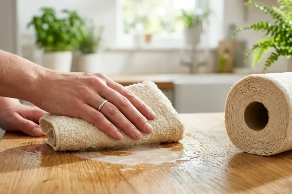 Detailní záběr rukou, které utírají rozlitou tekutinu na kuchyňské lince pomocí silné znovupoužitelné bambusové utěrky, v pozadí je role těchto ekologických utěrek.