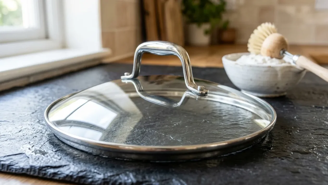 Zářivě čistá skleněná poklice s nerezovým okrajem položená na tmavé břidlicové kuchyňské lince, odrážející přirozené světlo.