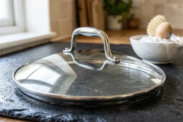 Zářivě čistá skleněná poklice s nerezovým okrajem položená na tmavé břidlicové kuchyňské lince, odrážející přirozené světlo.