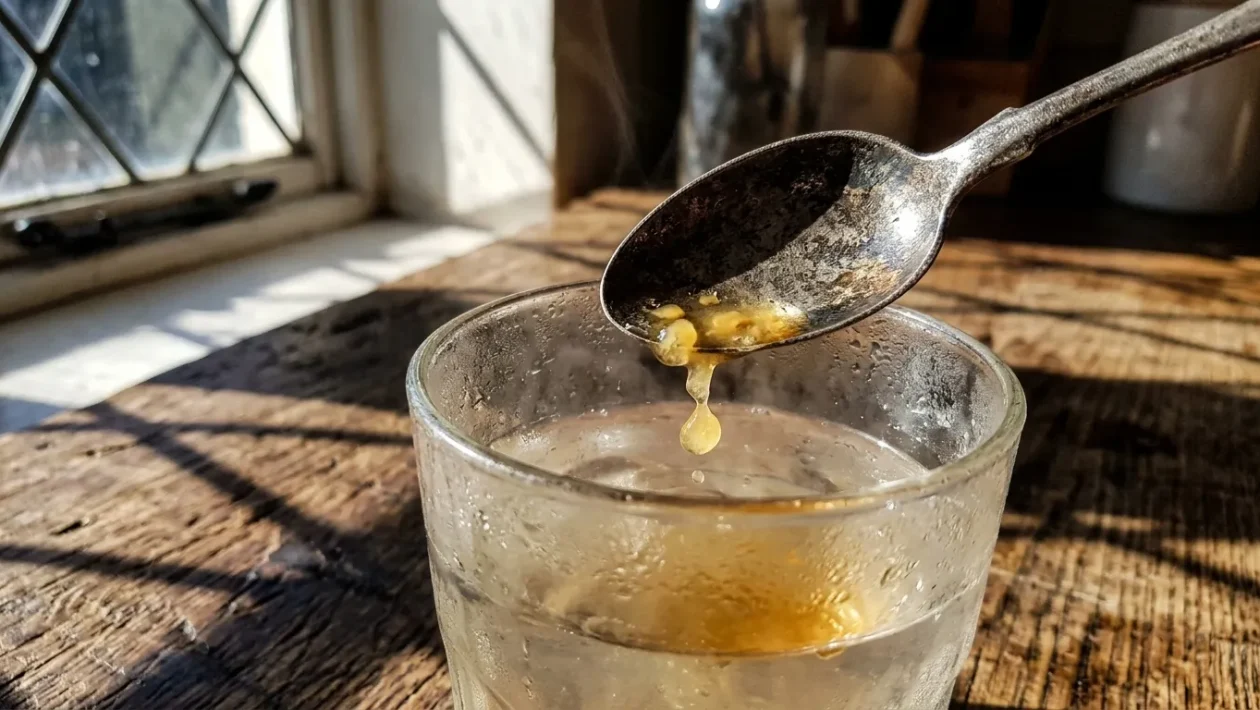 Detailní záběr na kovovou lžičku, ze které kape jablečný ocet do sklenice teplé vody na hrubém dřevěném stole v ostrém ranním světle.