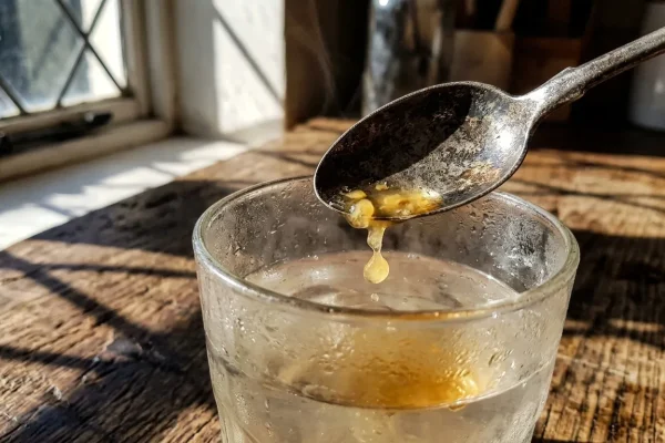 Detailní záběr na kovovou lžičku, ze které kape jablečný ocet do sklenice teplé vody na hrubém dřevěném stole v ostrém ranním světle.