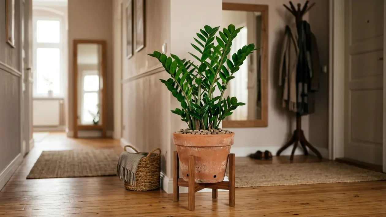 Zelený Zamioculcas v terakotovém květináči umístěný ve stinné předsíni moderního bytu.