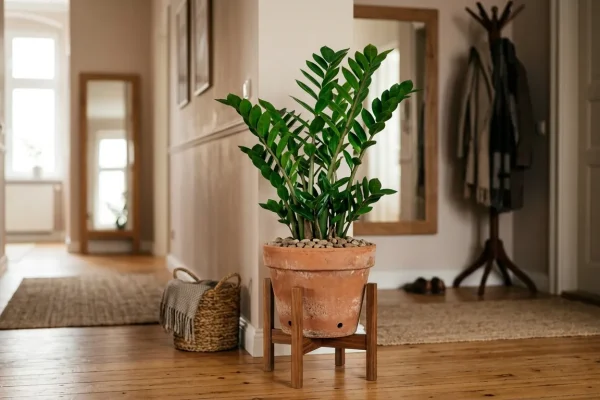 Zelený Zamioculcas v terakotovém květináči umístěný ve stinné předsíni moderního bytu.